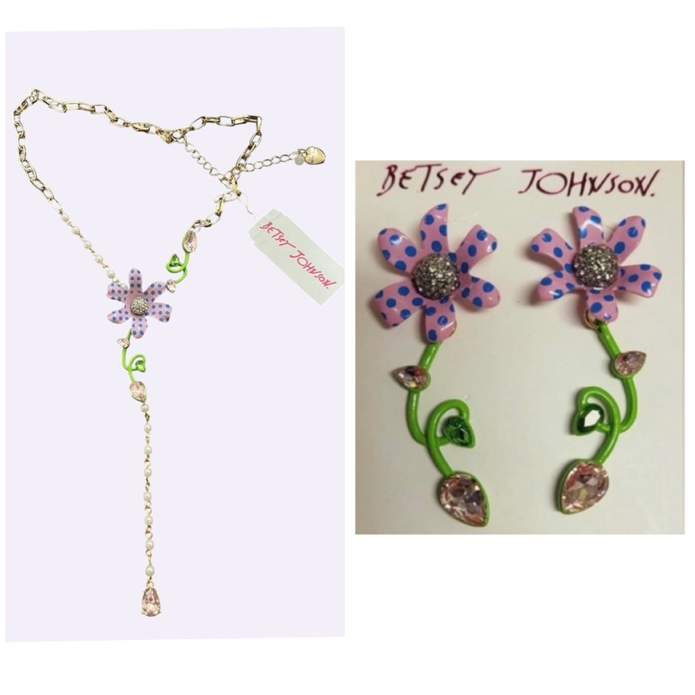 BETSEY JOHNSON SET Enchanted Daisy Flower Crystal Y-Necklace & Earrings NEW NWT